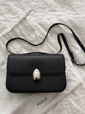 Neous Phoenix Adjustable Crossbody Handbag Black Leather Silver Hardware